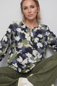 Split Neck Leaf Camo Blouse