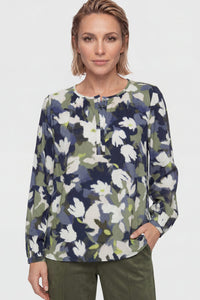Split Neck Leaf Camo Blouse