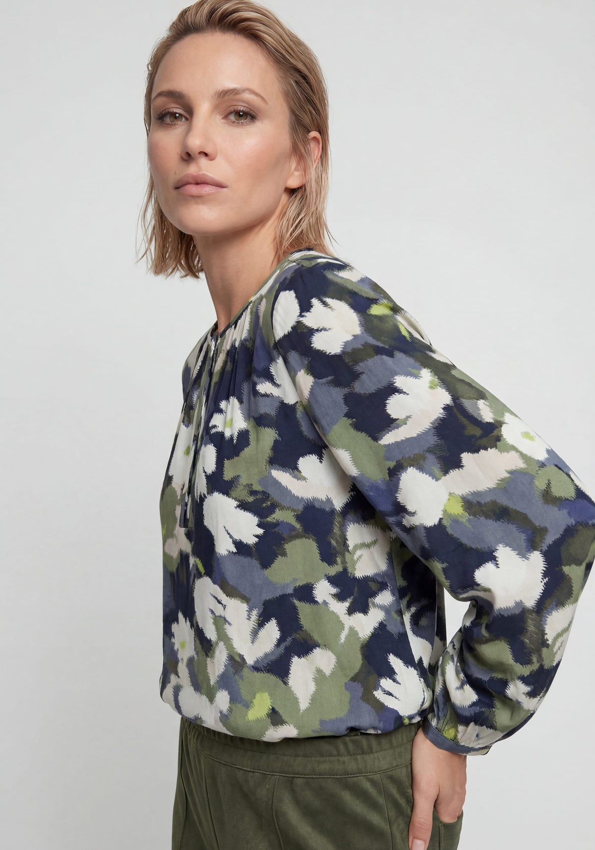 Split Neck Leaf Camo Blouse