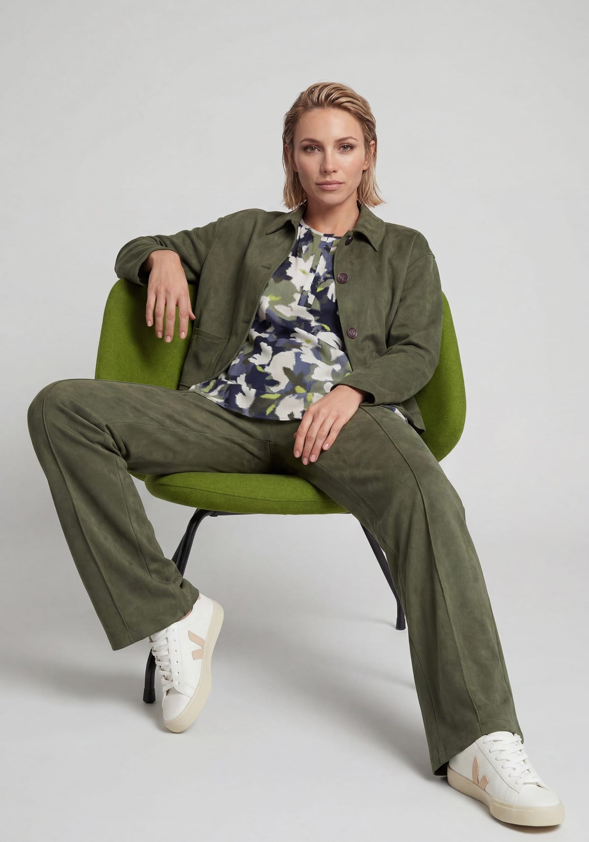 Split Neck Leaf Camo Blouse