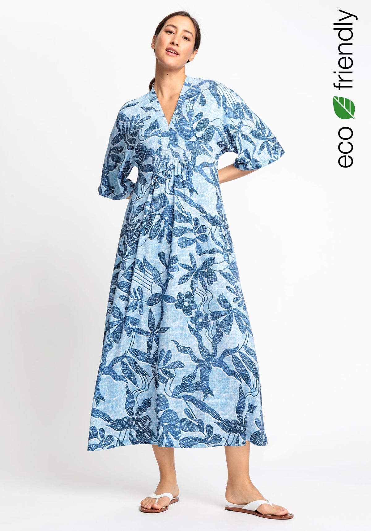 3/4 Sleeve Floral &amp; Palm Print Midi Dress containing LENZING™ ECOVERO™ Viscose