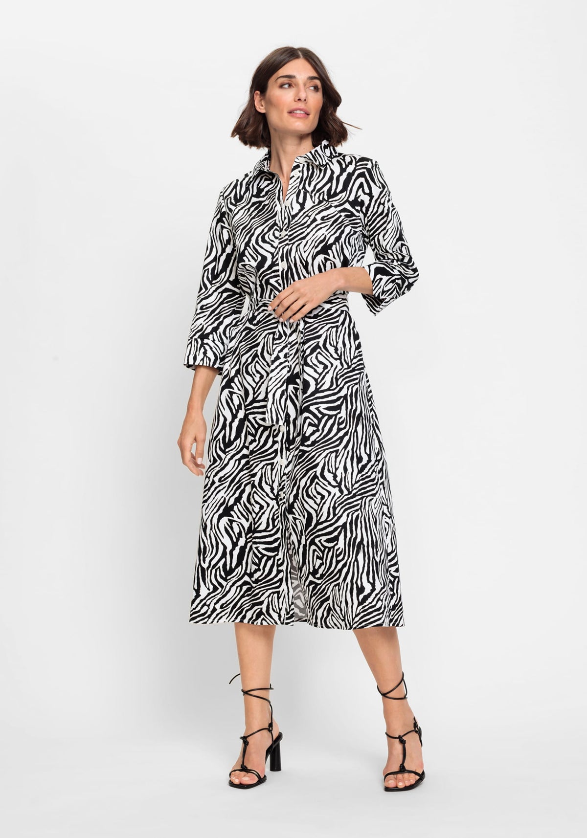 3/4 Sleeve Zebra Print A-Line Midi Shirt Dress