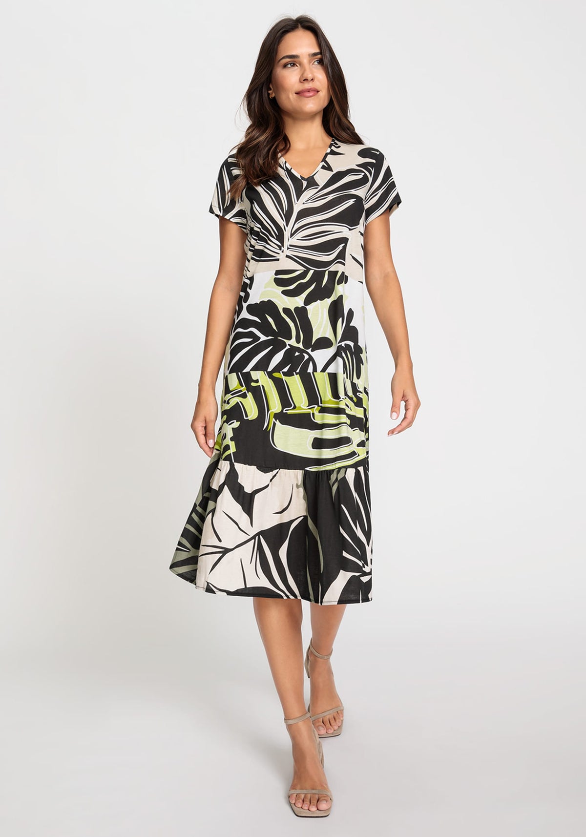 Short Sleeve Abstract Palm Print Dress containing TENCEL™ Modal