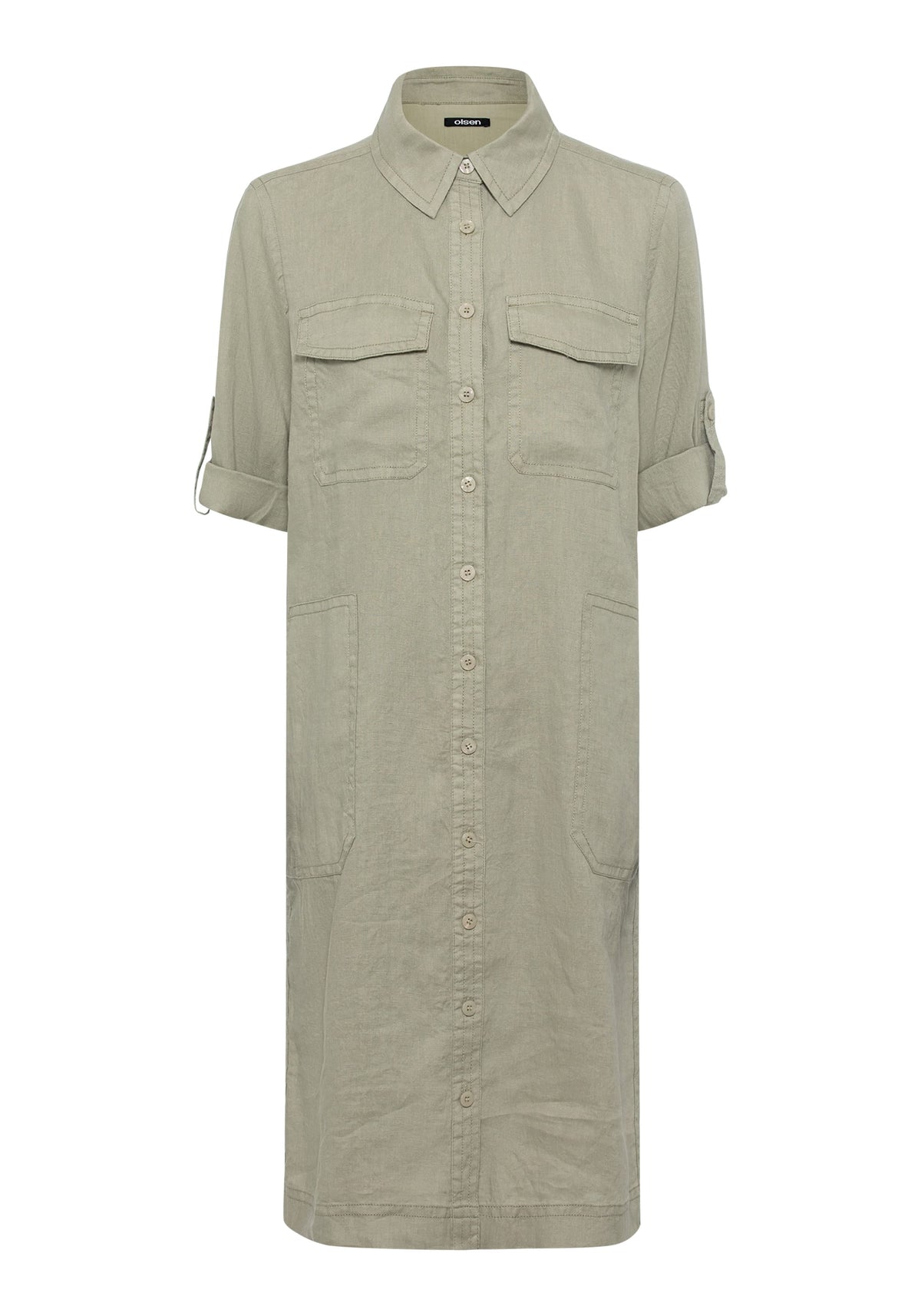 100% Linen 3/4 Sleeve Dress with Rolled Sleeve Tab Detail