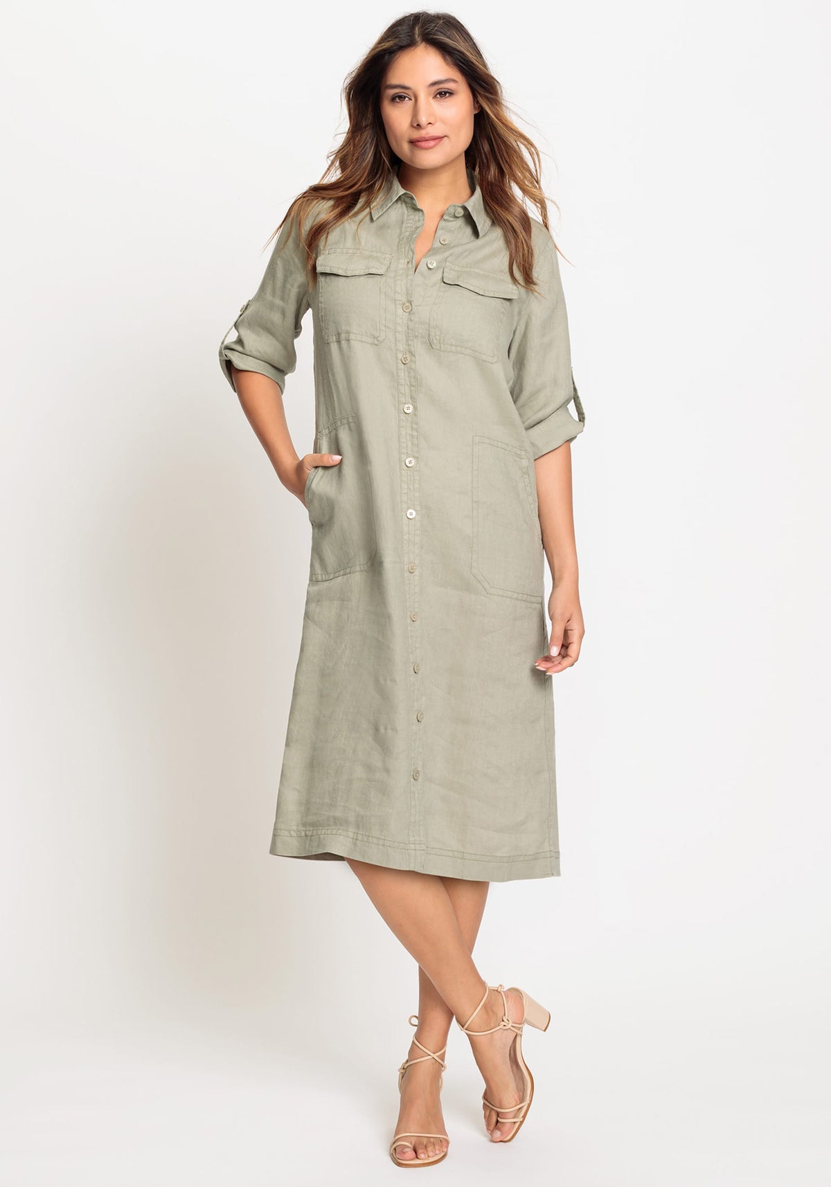 100% Linen 3/4 Sleeve Dress with Rolled Sleeve Tab Detail