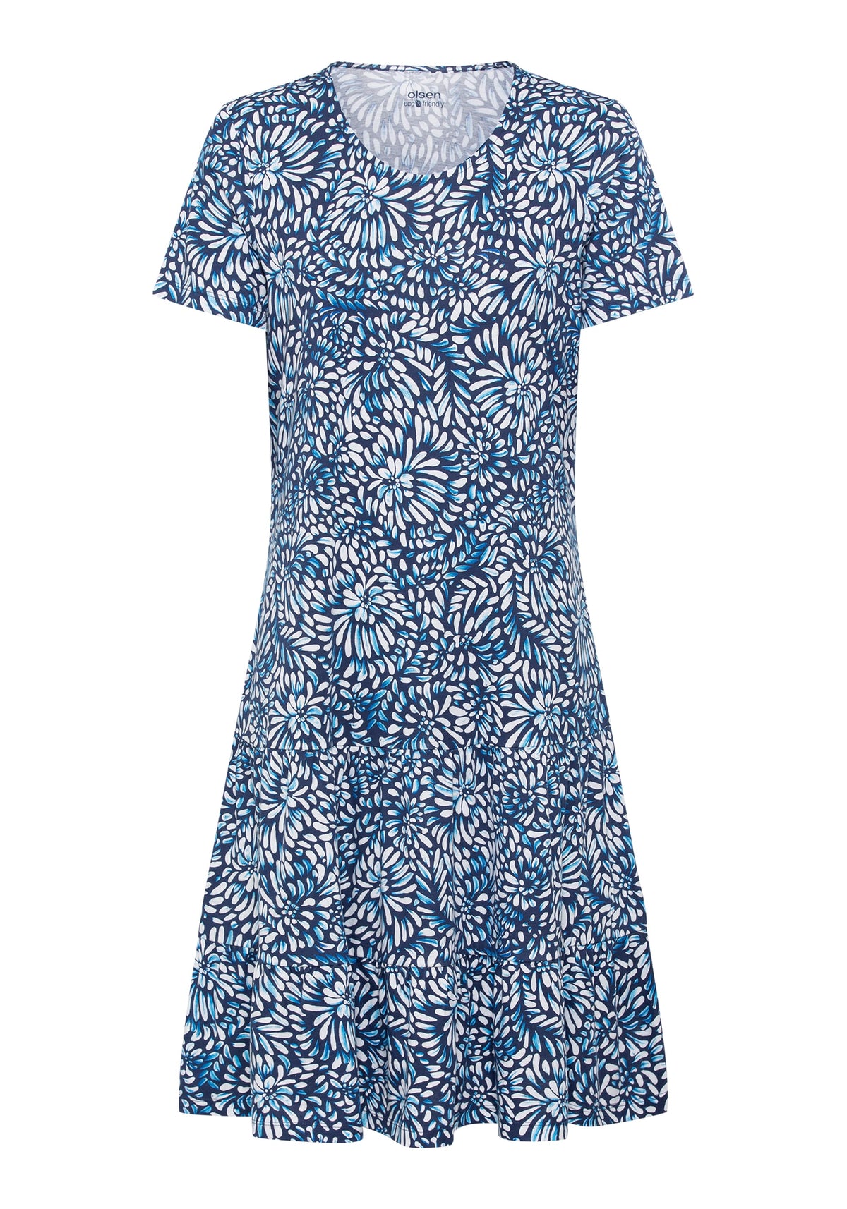 Cotton Blend Short Sleeve Carnation Print Tiered Dress containing TENCEL™ Modal