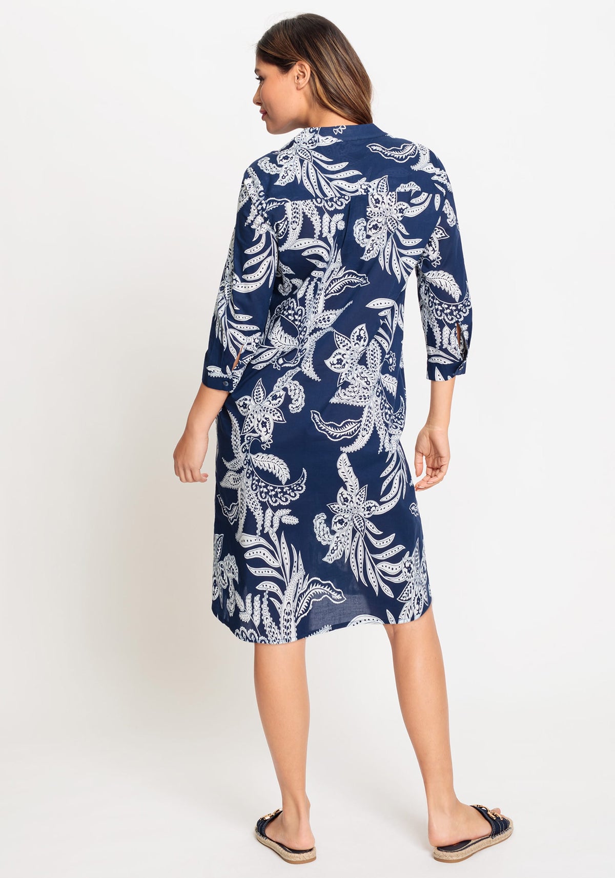 100% Cotton 3/4 Sleeve Collarless Paisley Floral Tunic Shirt Dress