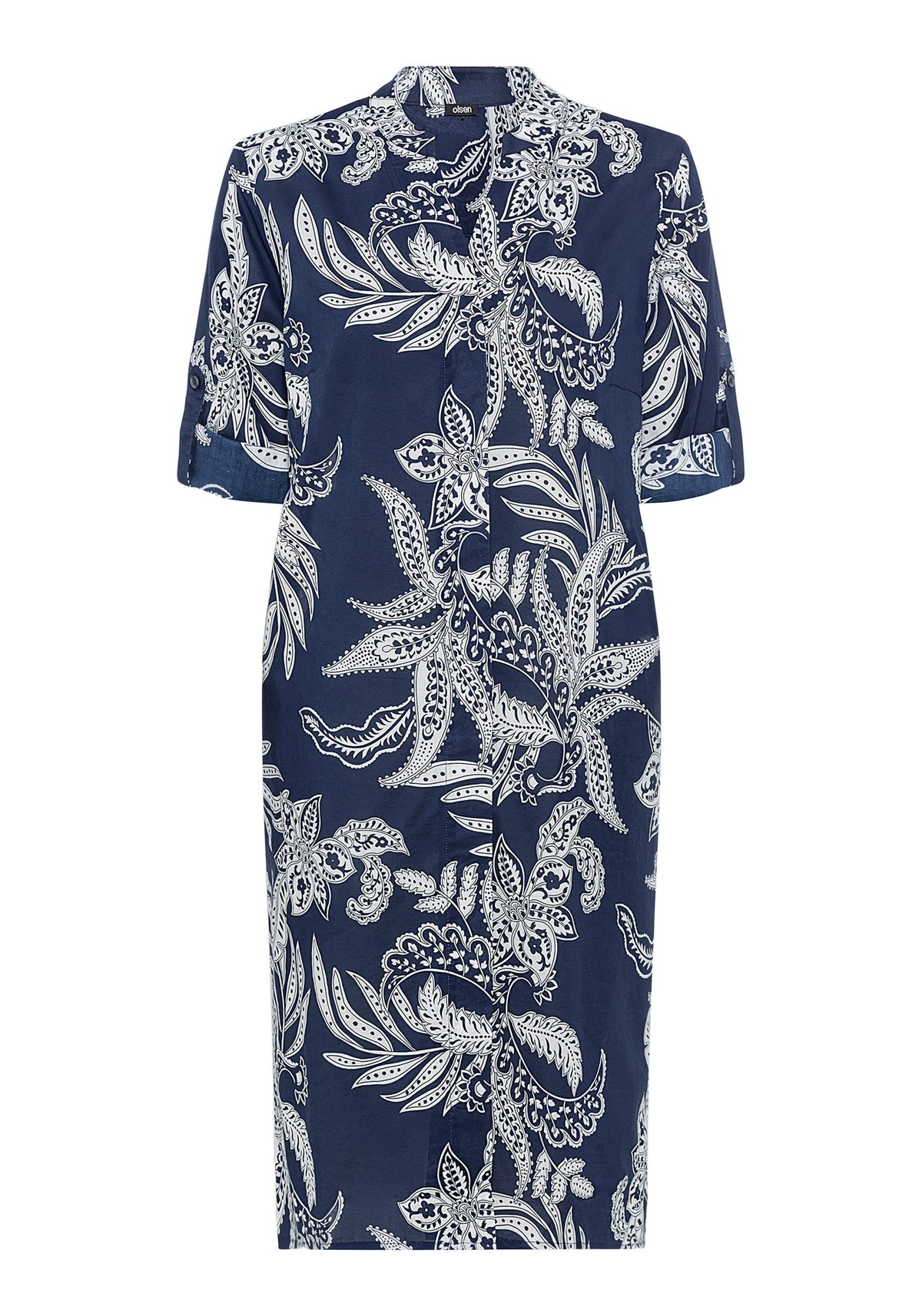 100% coton Robe chemise tunique à manches 3/4 sans col avec motif floral Paisley