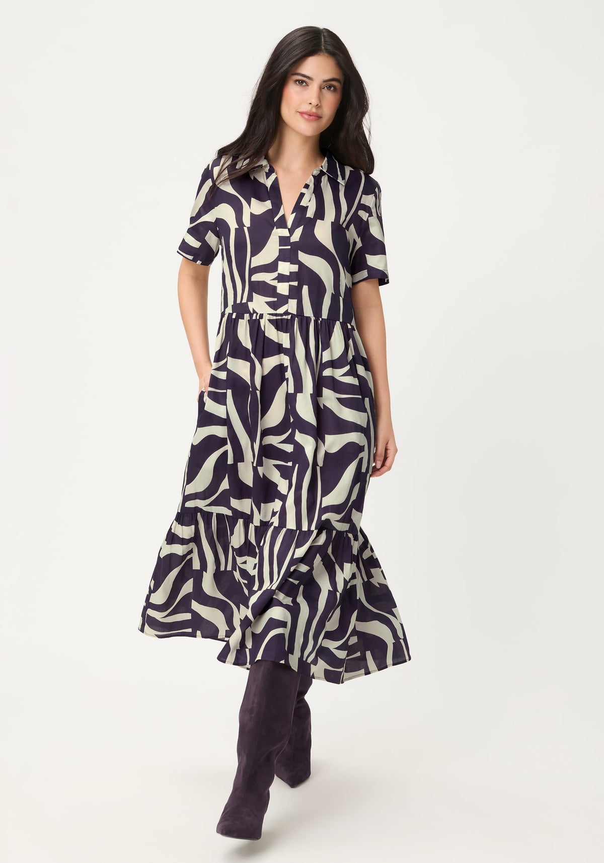 Zebra Splice Tiered Dress with Collar