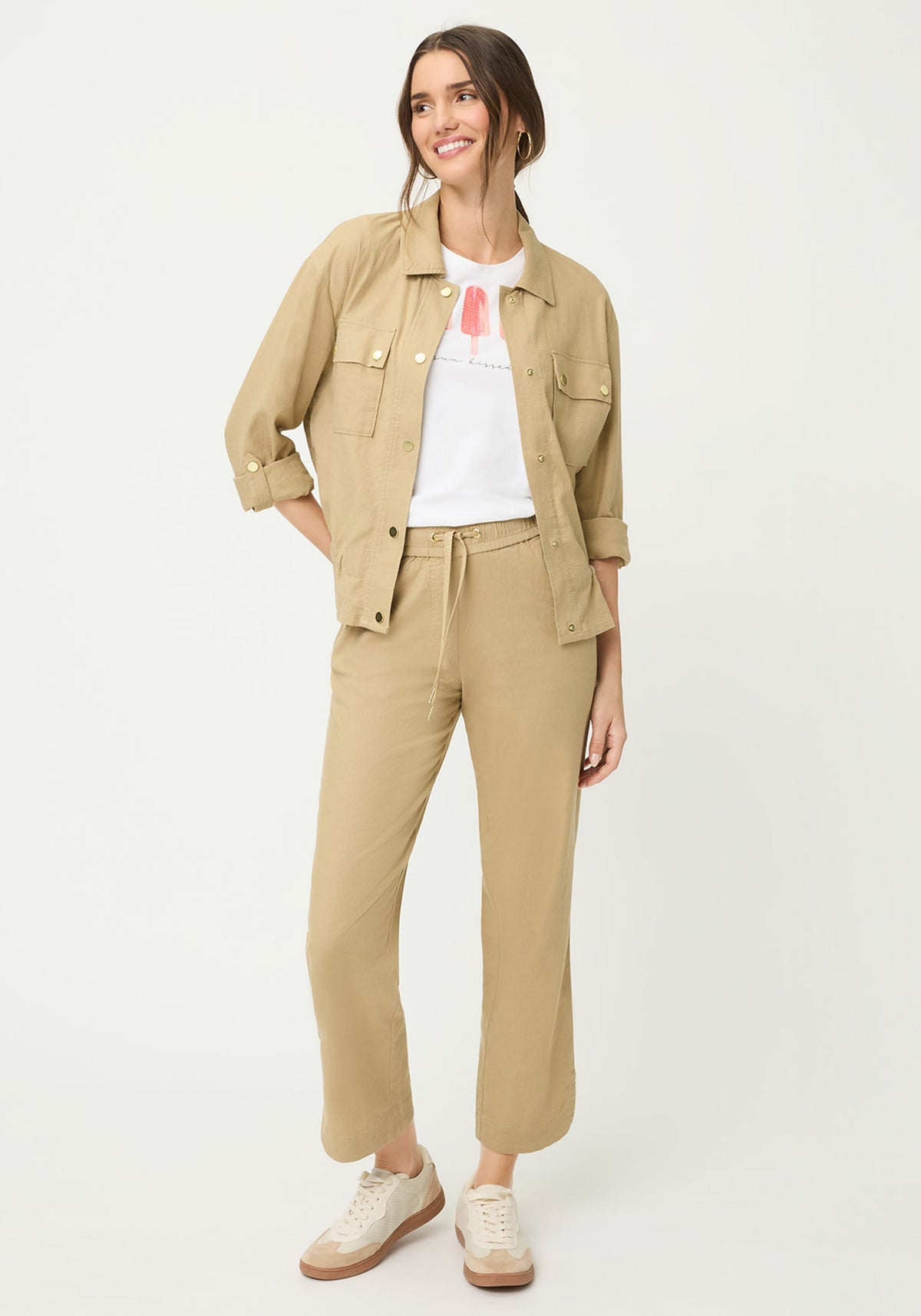 Pantalon court à cordon de serrage en lin et coton