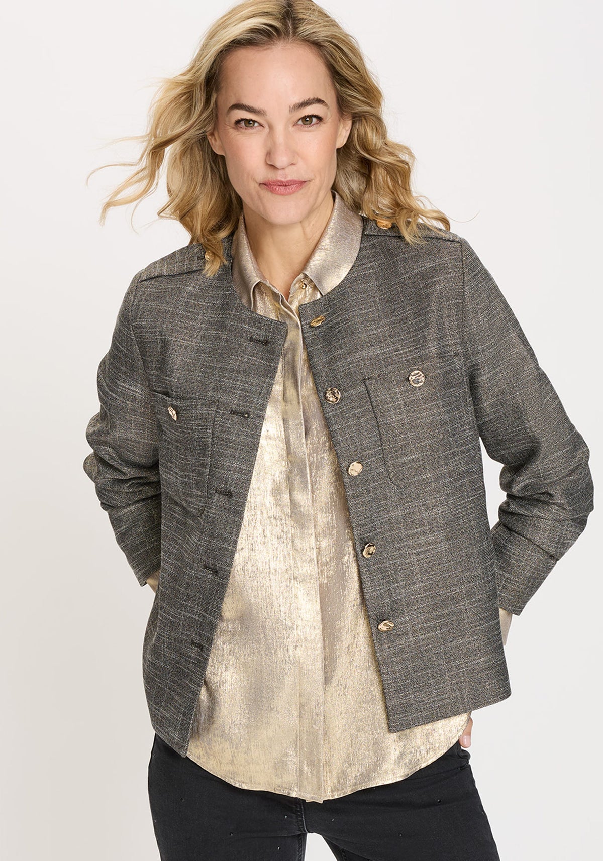 Collarless Sparkle Jacket with Gold Buttons
