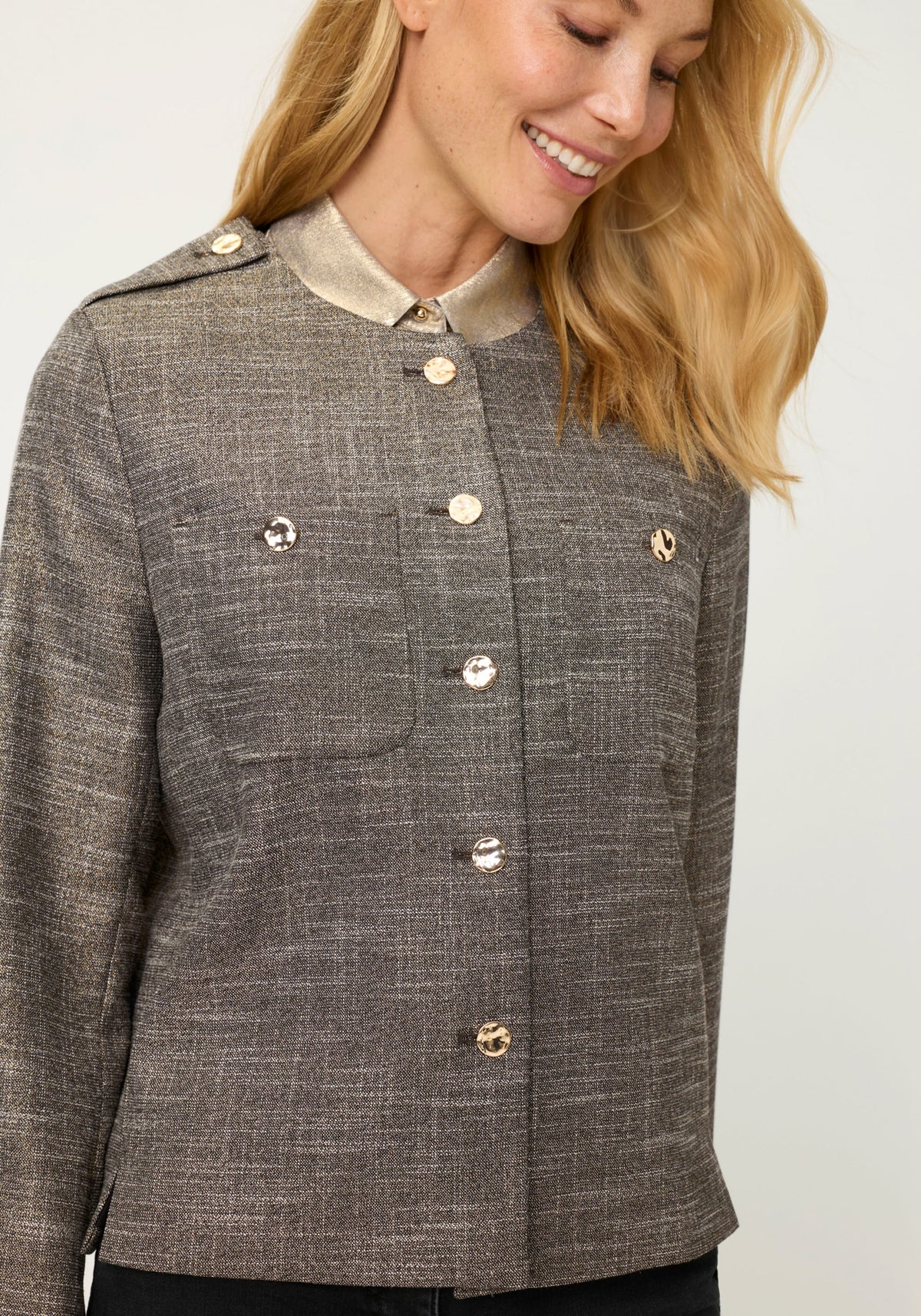 Collarless Sparkle Jacket with Gold Buttons
