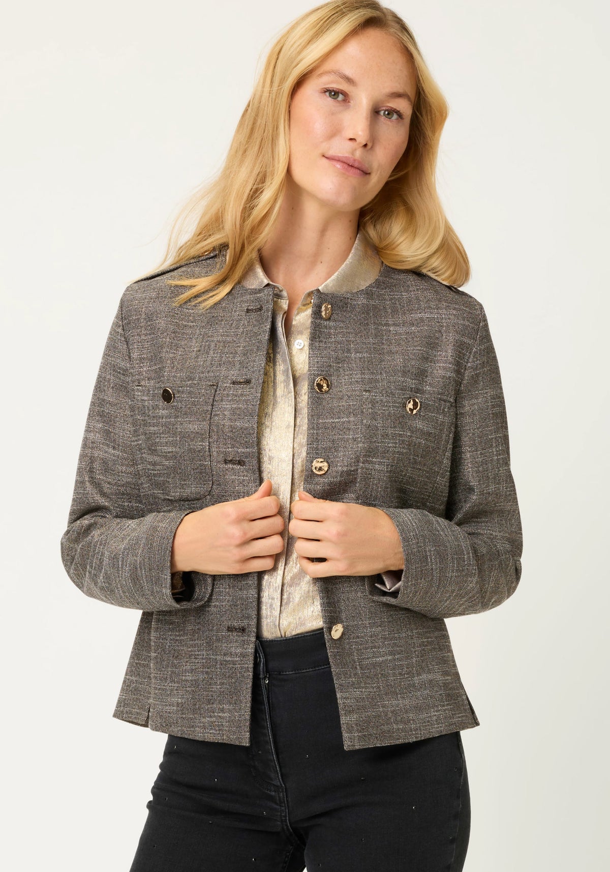 Collarless Sparkle Jacket with Gold Buttons