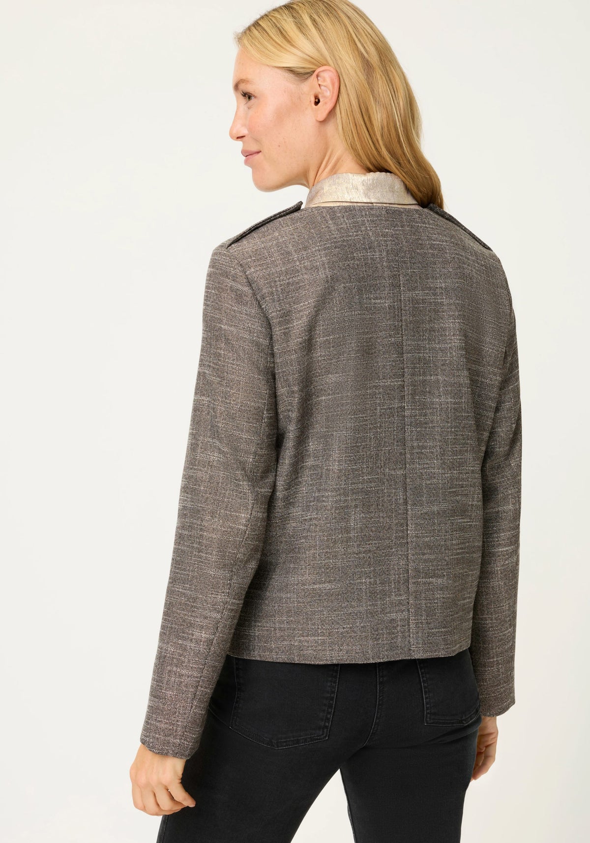 Collarless Sparkle Jacket with Gold Buttons