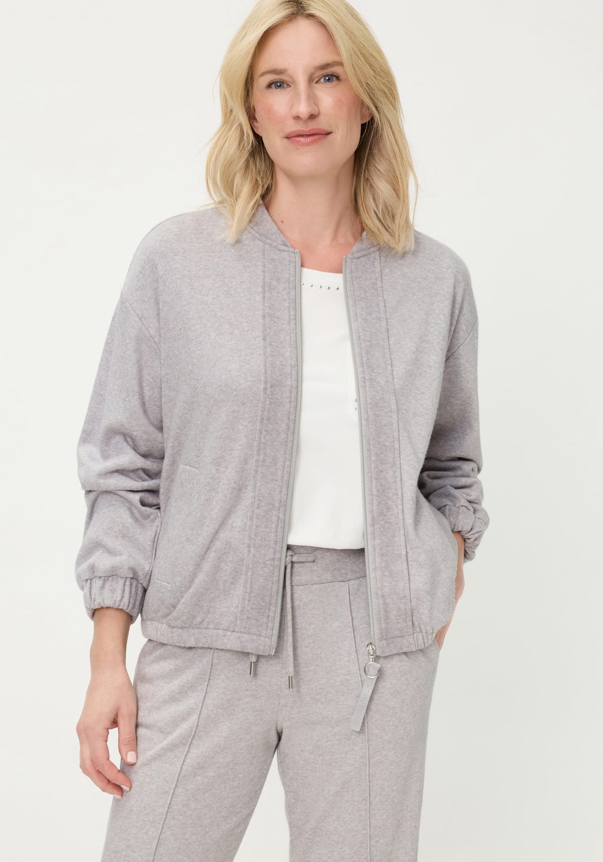 Collarless Zip Front Jersey Jacket