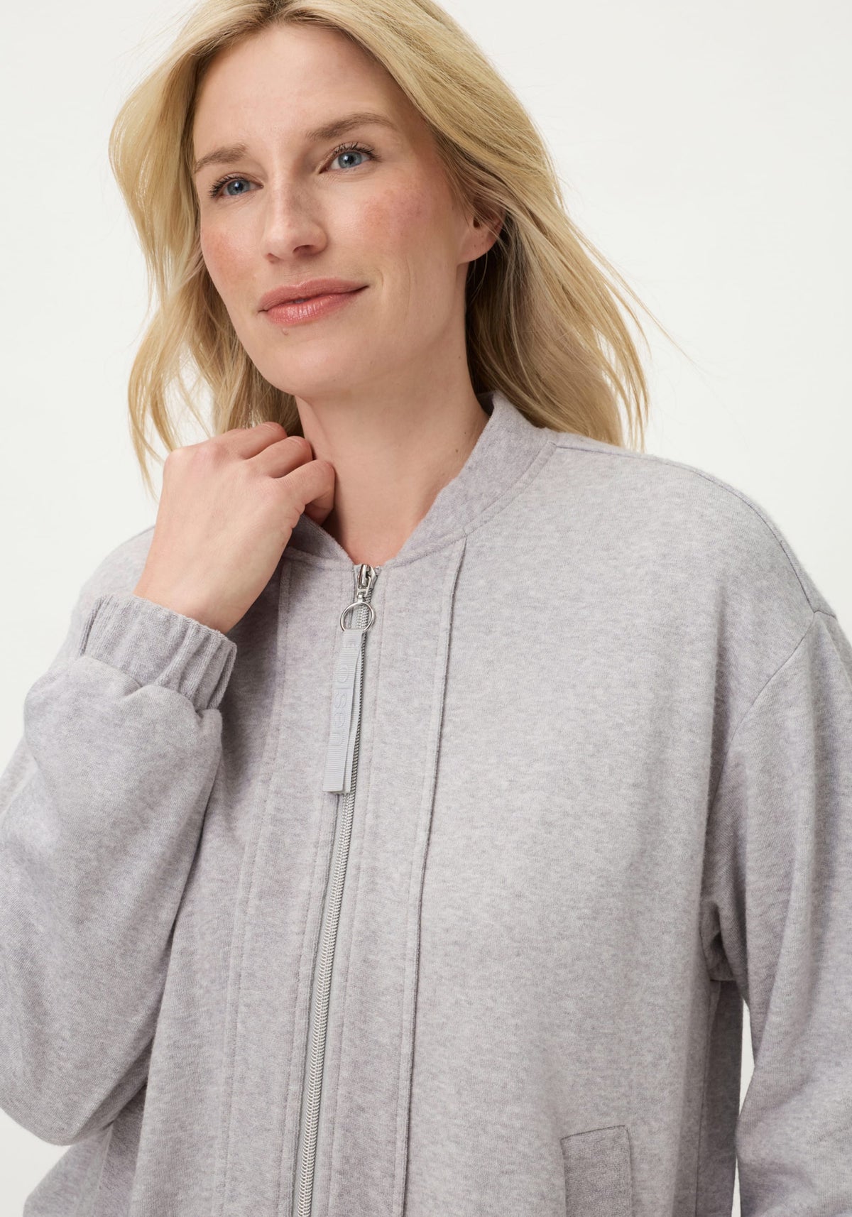 Collarless Zip Front Jersey Jacket