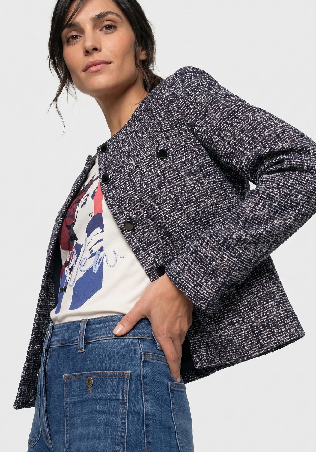 Collarless Tweed Jacket