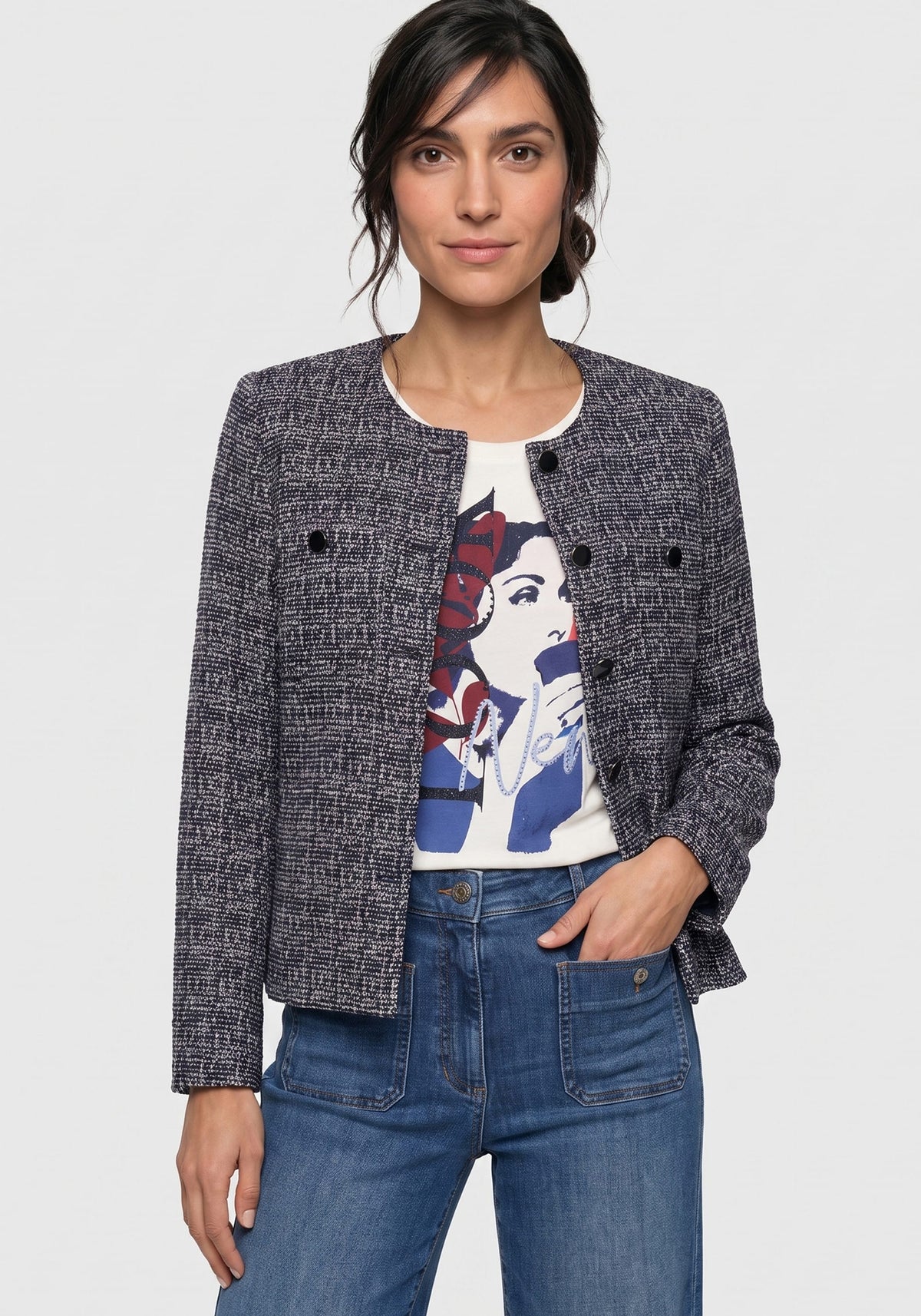Collarless Tweed Jacket