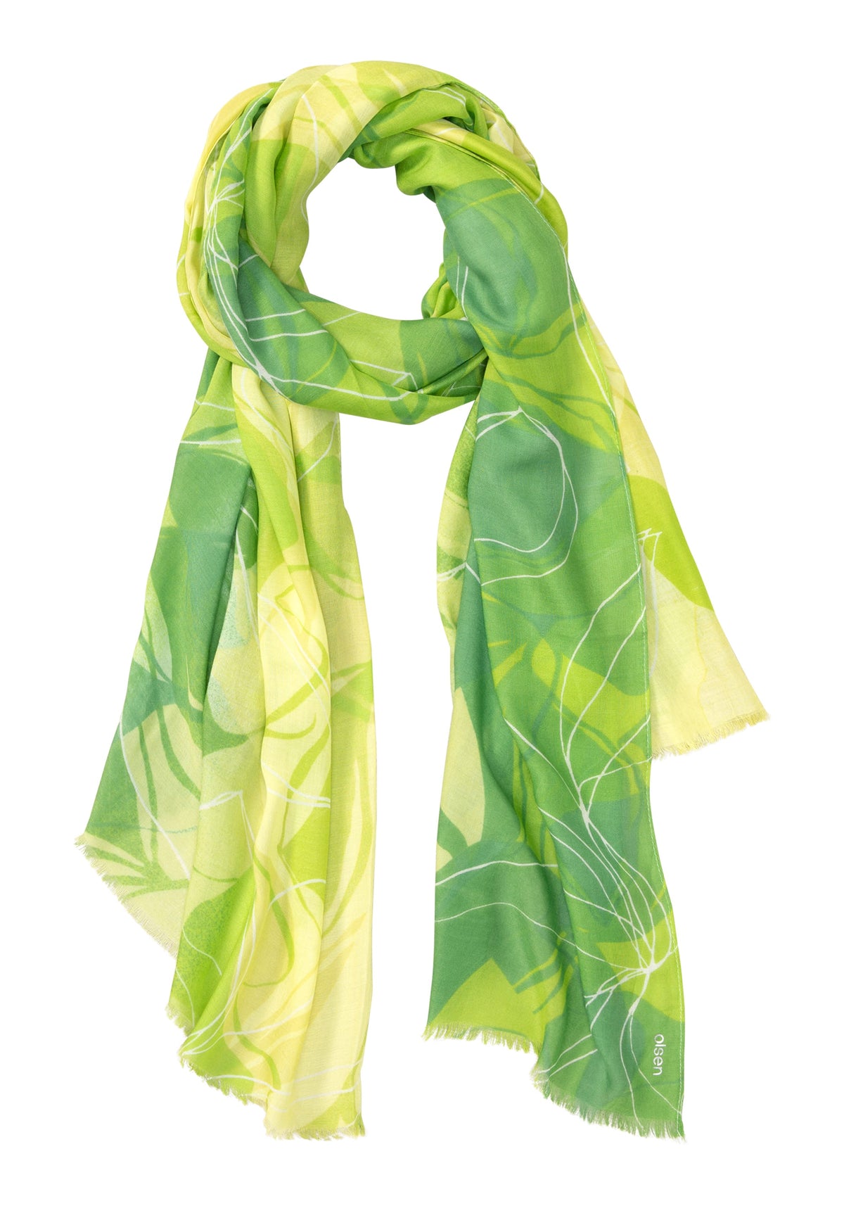 Allover Abstract Leave Pattern Scarf with Frayed Edge Trim