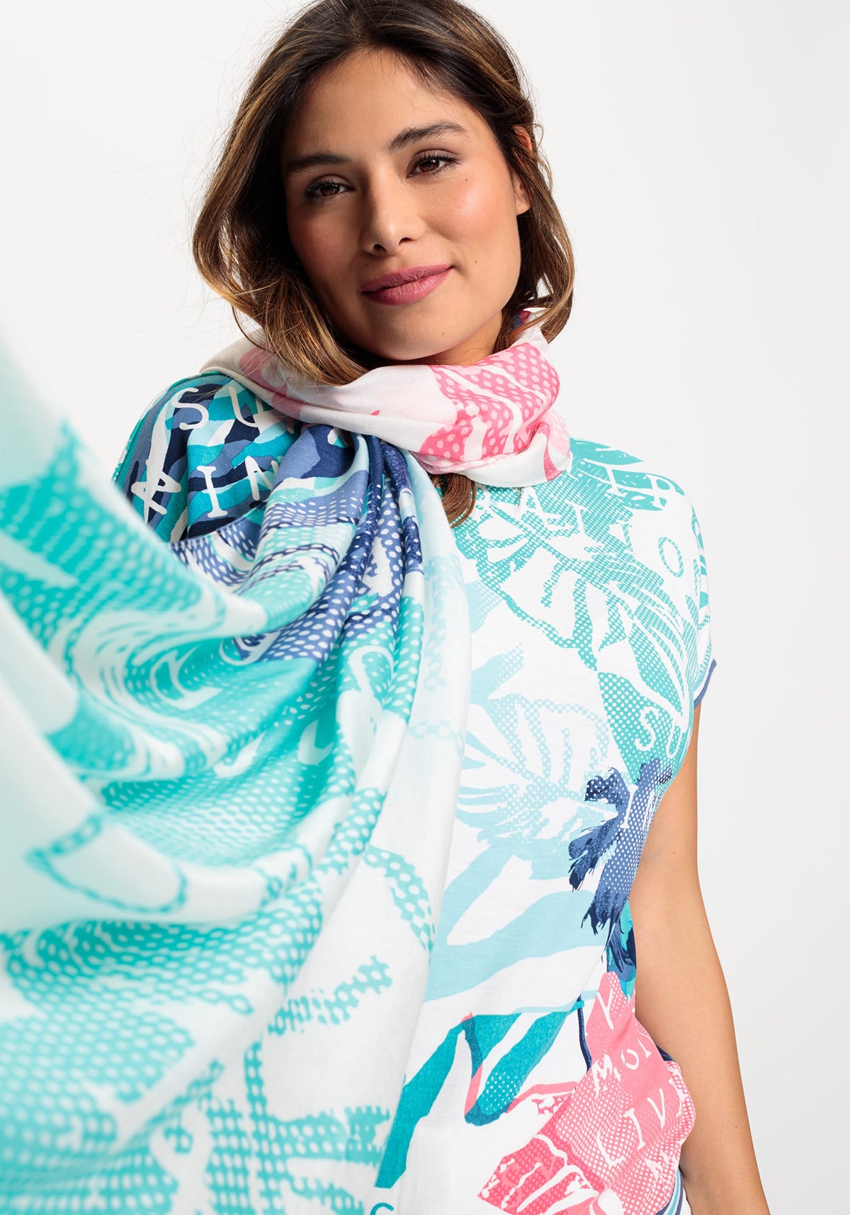 Multi-Print Mid-Size Scarf with Frayed Edge Trim