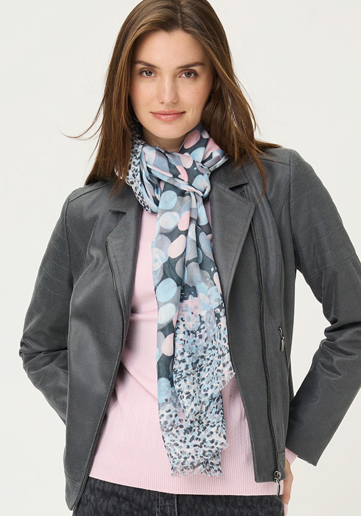 Multi-Print Scarf with Frayed Edge Trim