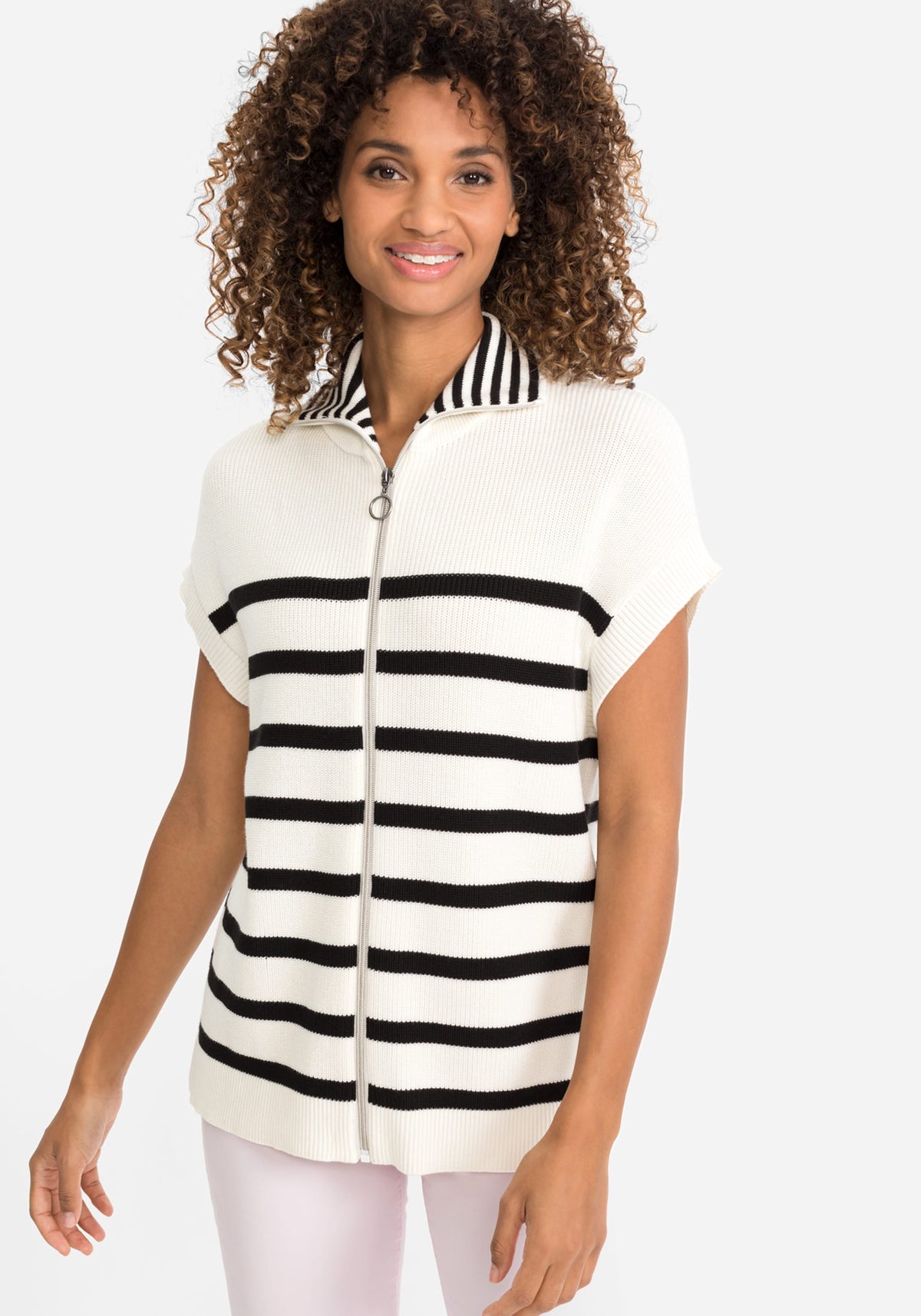 Cotton Blend Sleeveless Stripe Mock Neck Zip Front Cardigan