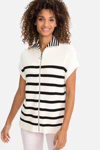 Cotton Blend Sleeveless Stripe Mock Neck Zip Front Cardigan
