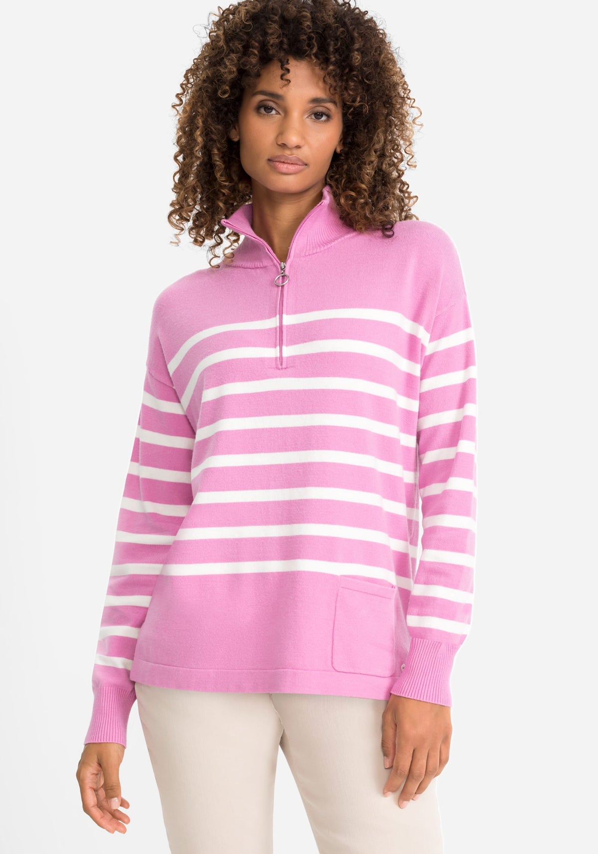 Long Sleeve Stripe Quarter Zip Mock Neck Sweater