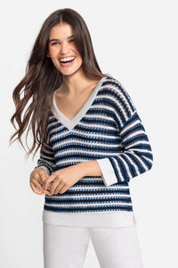 Cotton Linen 3/4 Sleeve Ajour Knit Stripe Pullover