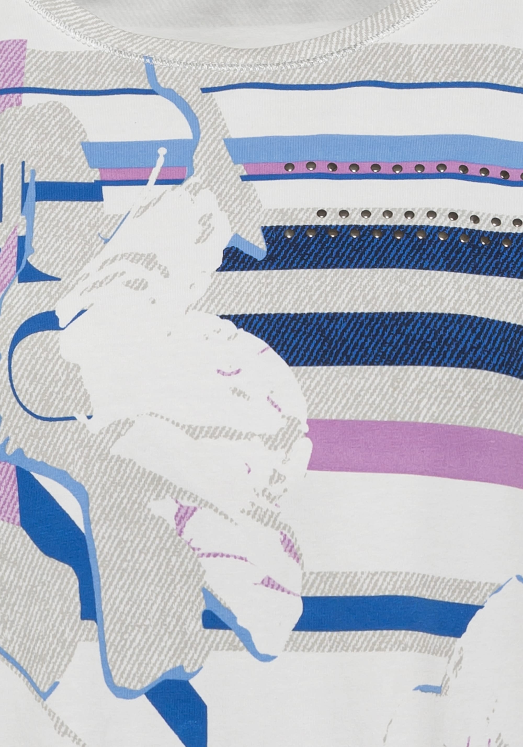 Cotton Blend 3/4 Sleeve Abstract Floral & Stripe T-Shirt - Olsen