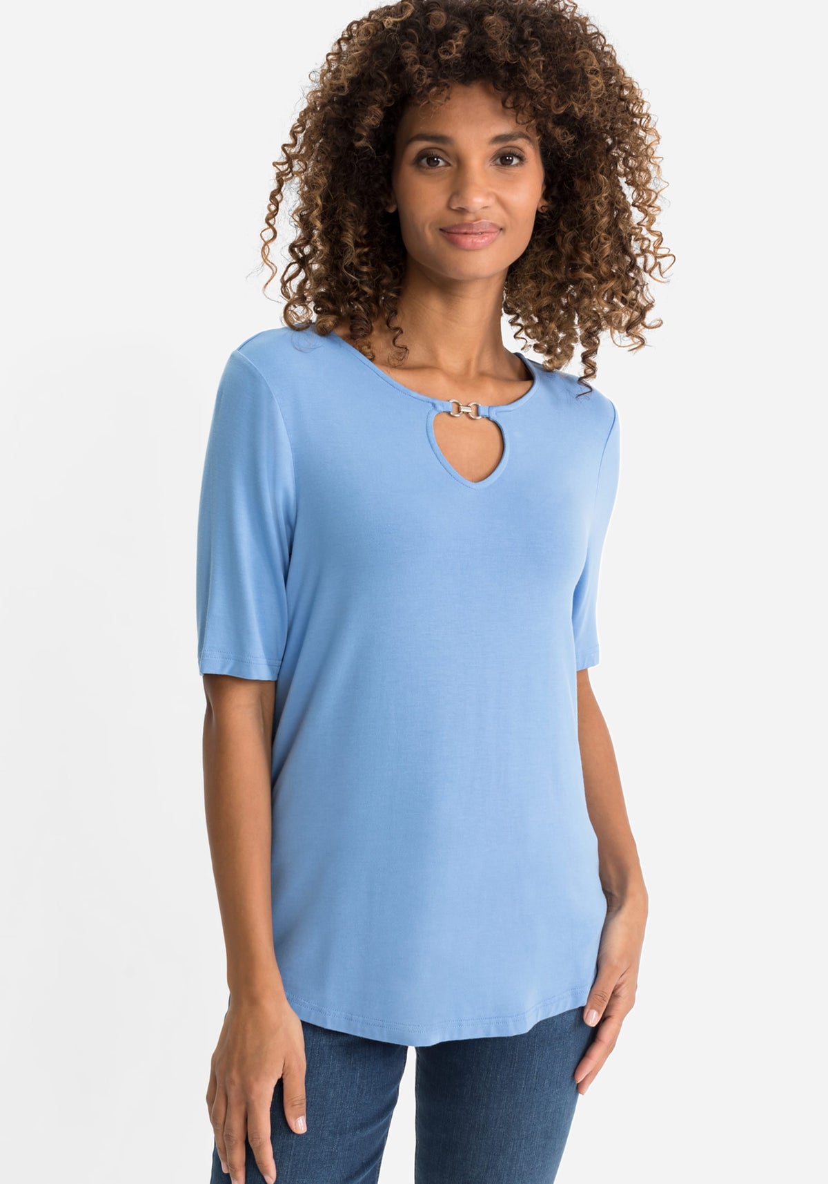 Short Sleeve Solid Tee with Keyhole Neckline
