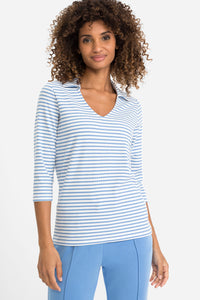 Cotton Blend 3/4 Sleeve Stripe Collared V-Neck T-Shirt