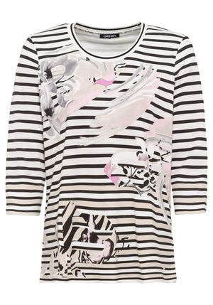 100% Cotton 3/4 Sleeve Stripe & Abstract Floral Print T-Shirt