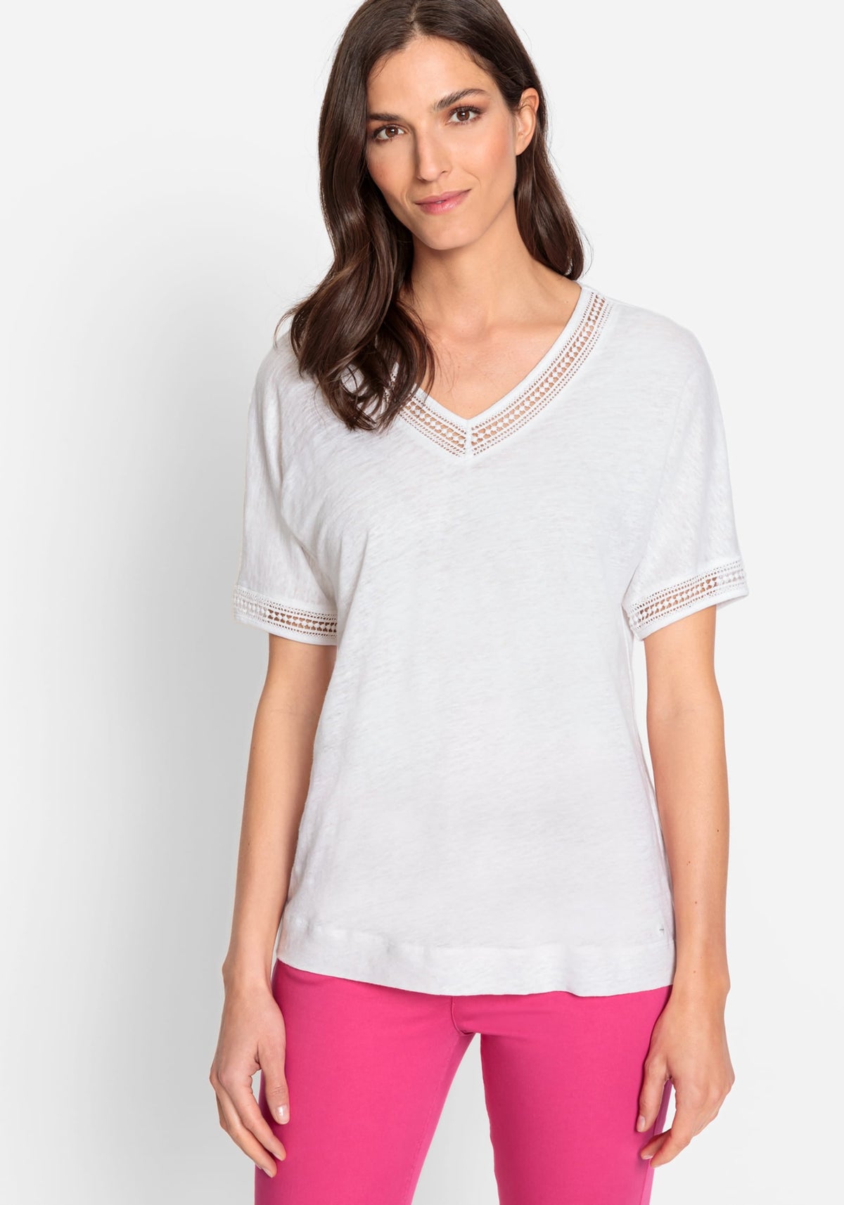 100% Linen Short Sleeve T-Shirt with Lace Trim