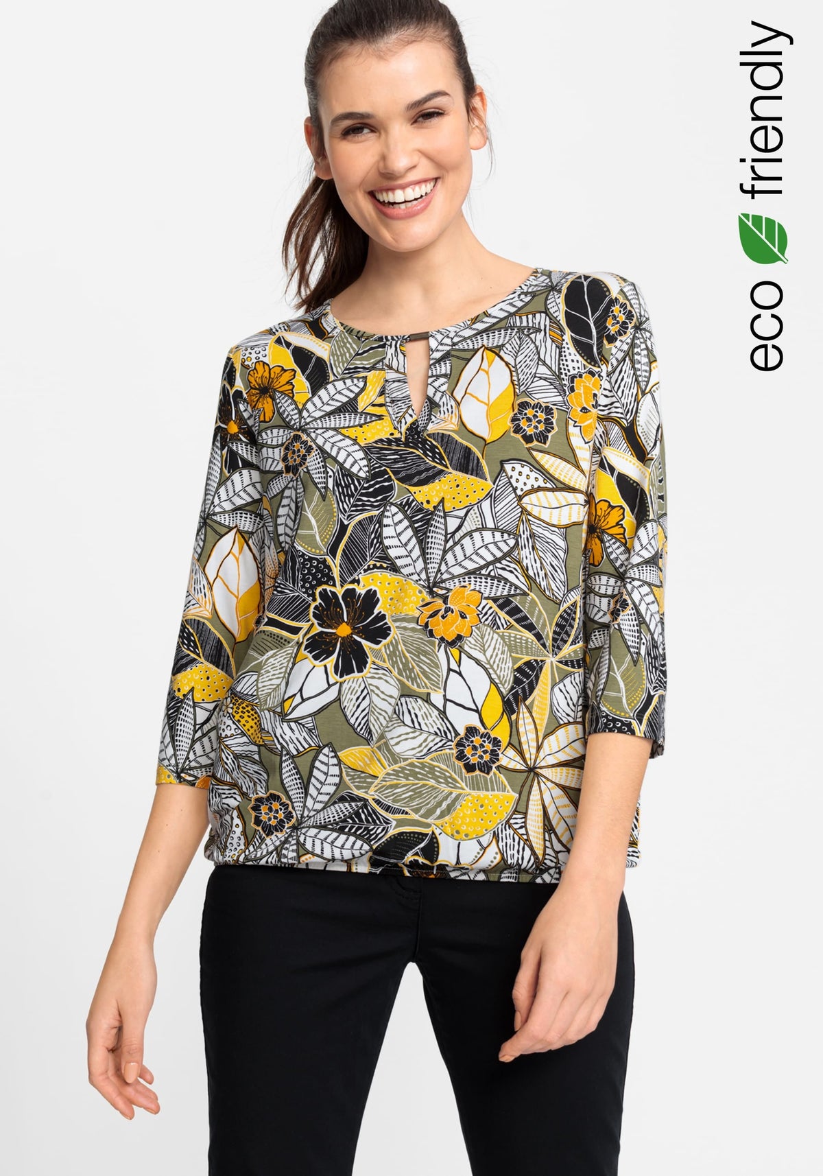 3/4 Sleeve Allover Jungle Print T-Shirt containing LENZING™ ECOVERO™ Viscose