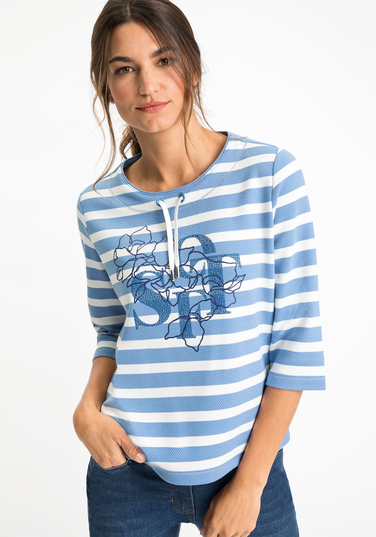 3/4 Sleeve Boat Neck Stripe &amp; Placement Motif Jersey Knit Top