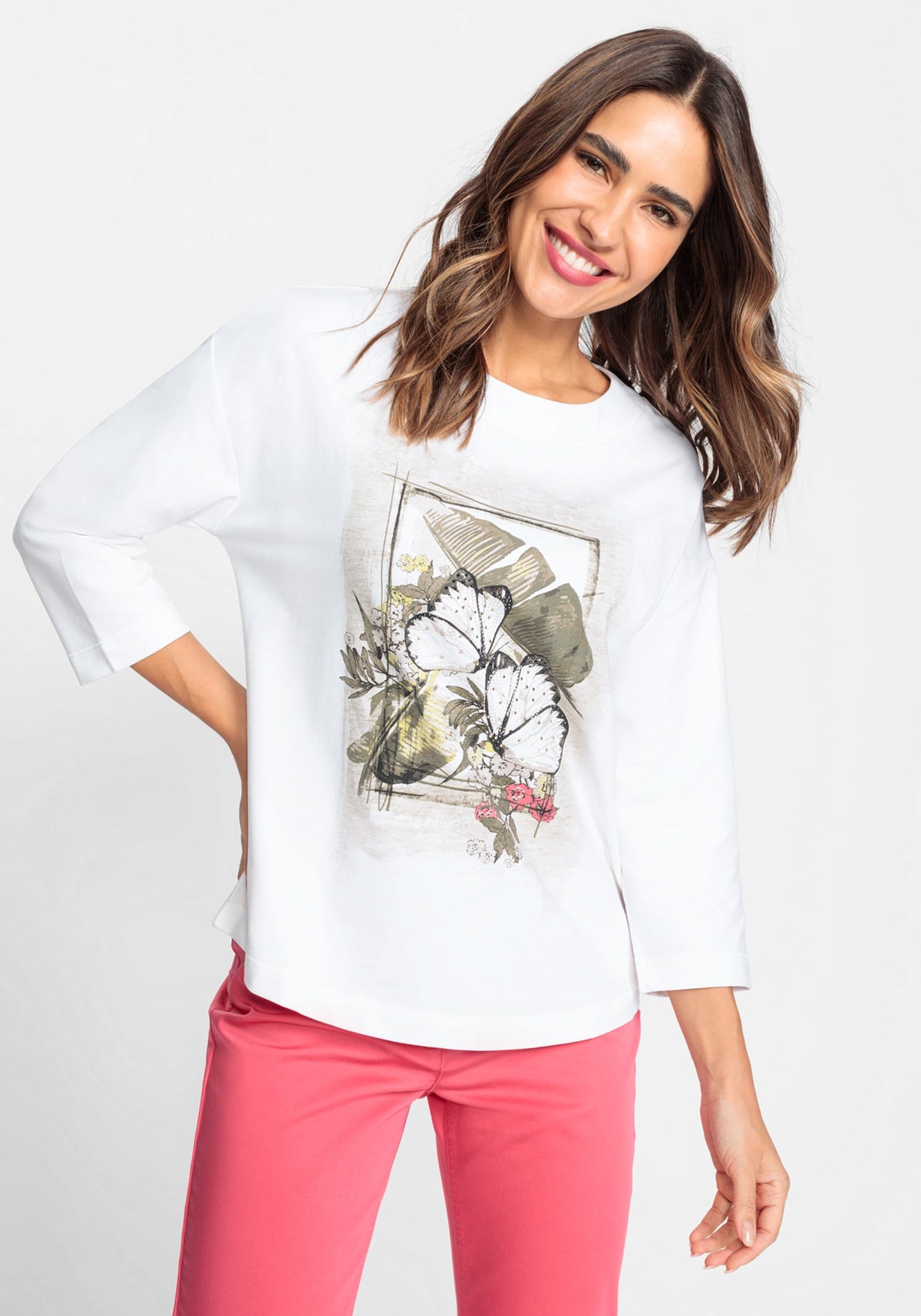 Cotton Blend 3/4 Sleeve Placement Print Jersey Knit Top