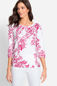 100% Cotton 3/4 Sleeve Paisley Floral Jersey Knit Top