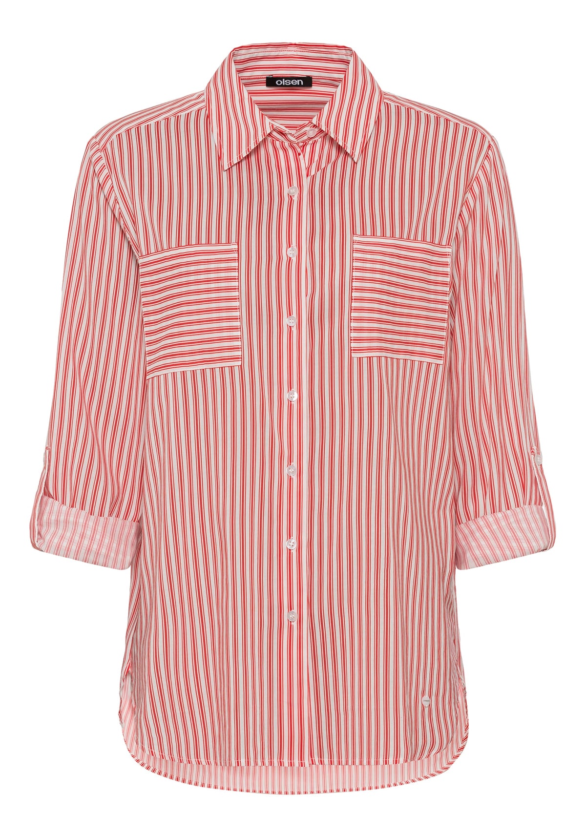 Cotton Blend Long Sleeve Striped Shirt with Roll Tab Sleeve Detail