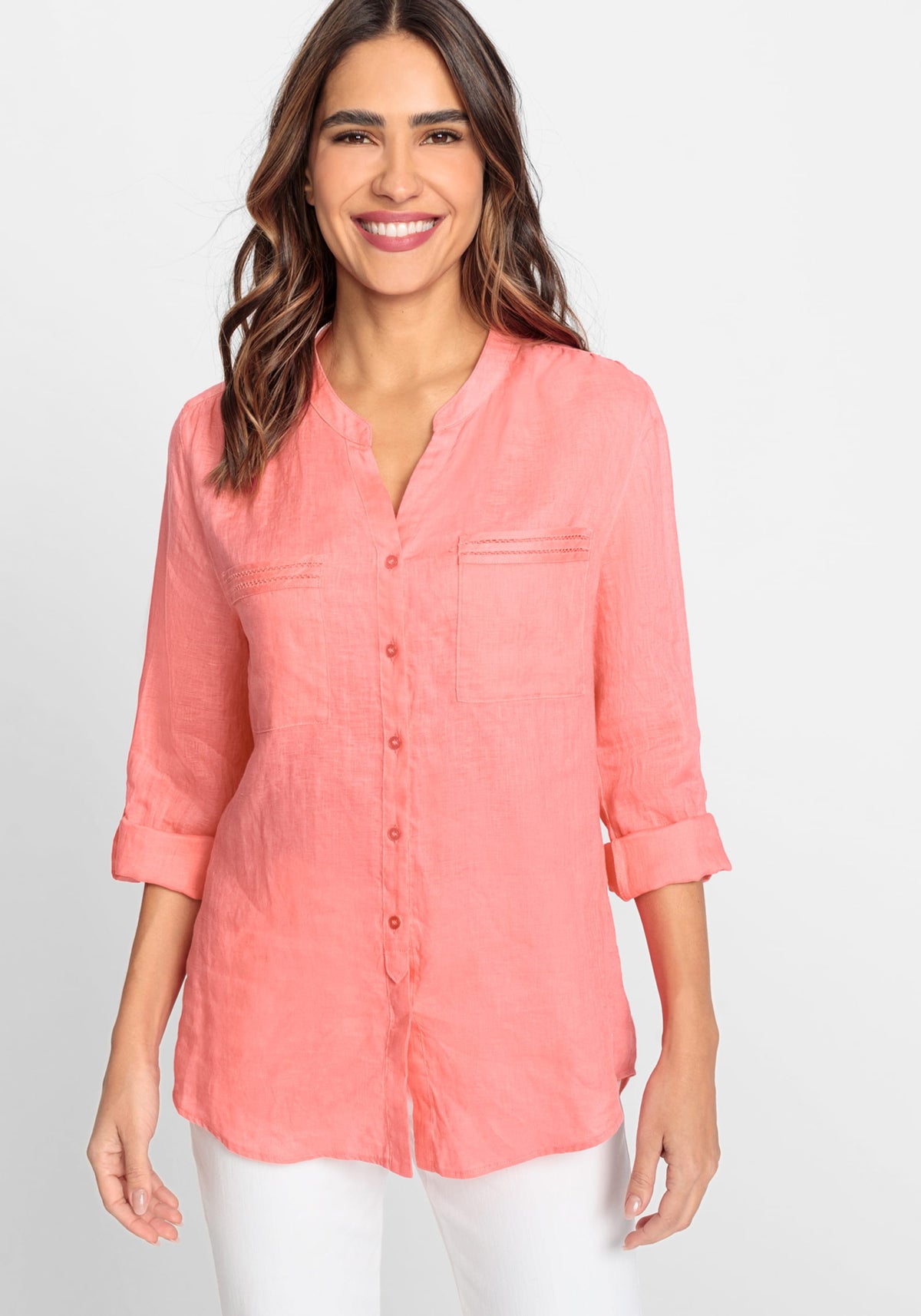 Cotton Linen Long Sleeve Tunic Shirt with Rolled Tab Sleeve Detail