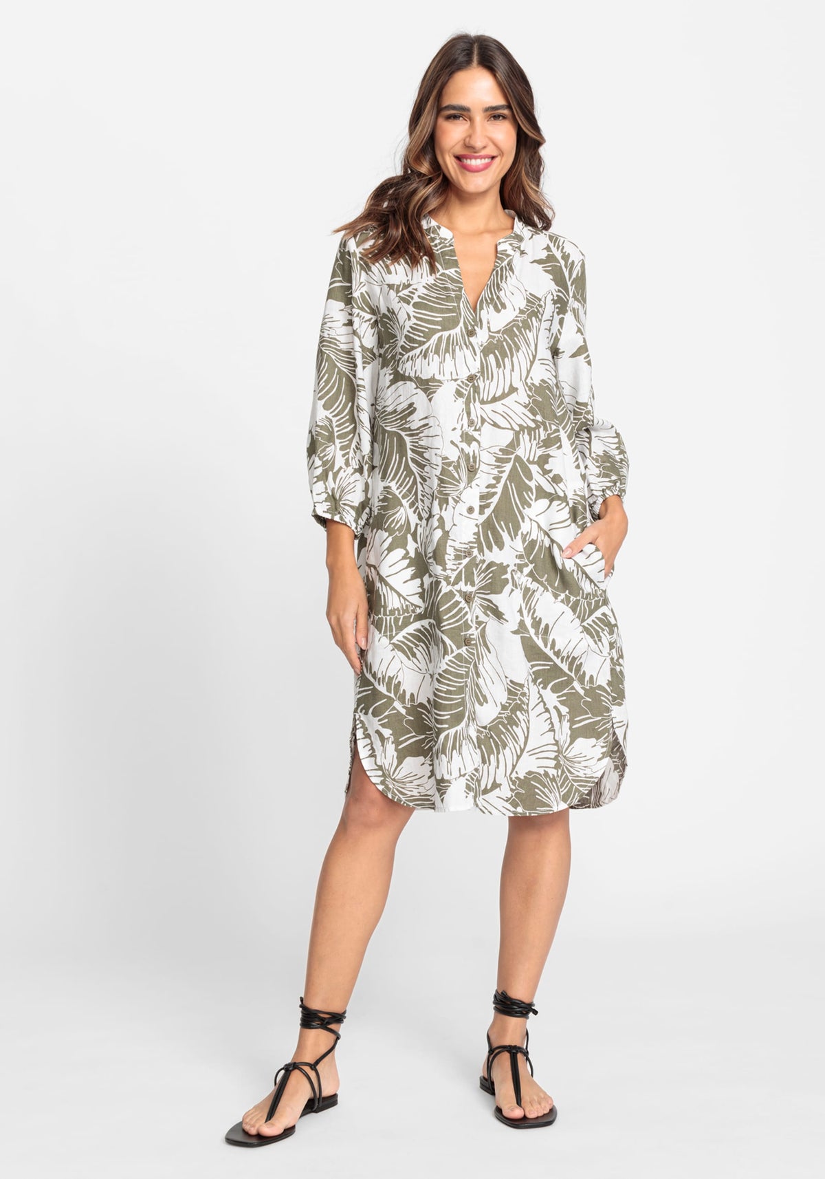 100% Linen Tropic Garden Print Tunic Shirt Dress