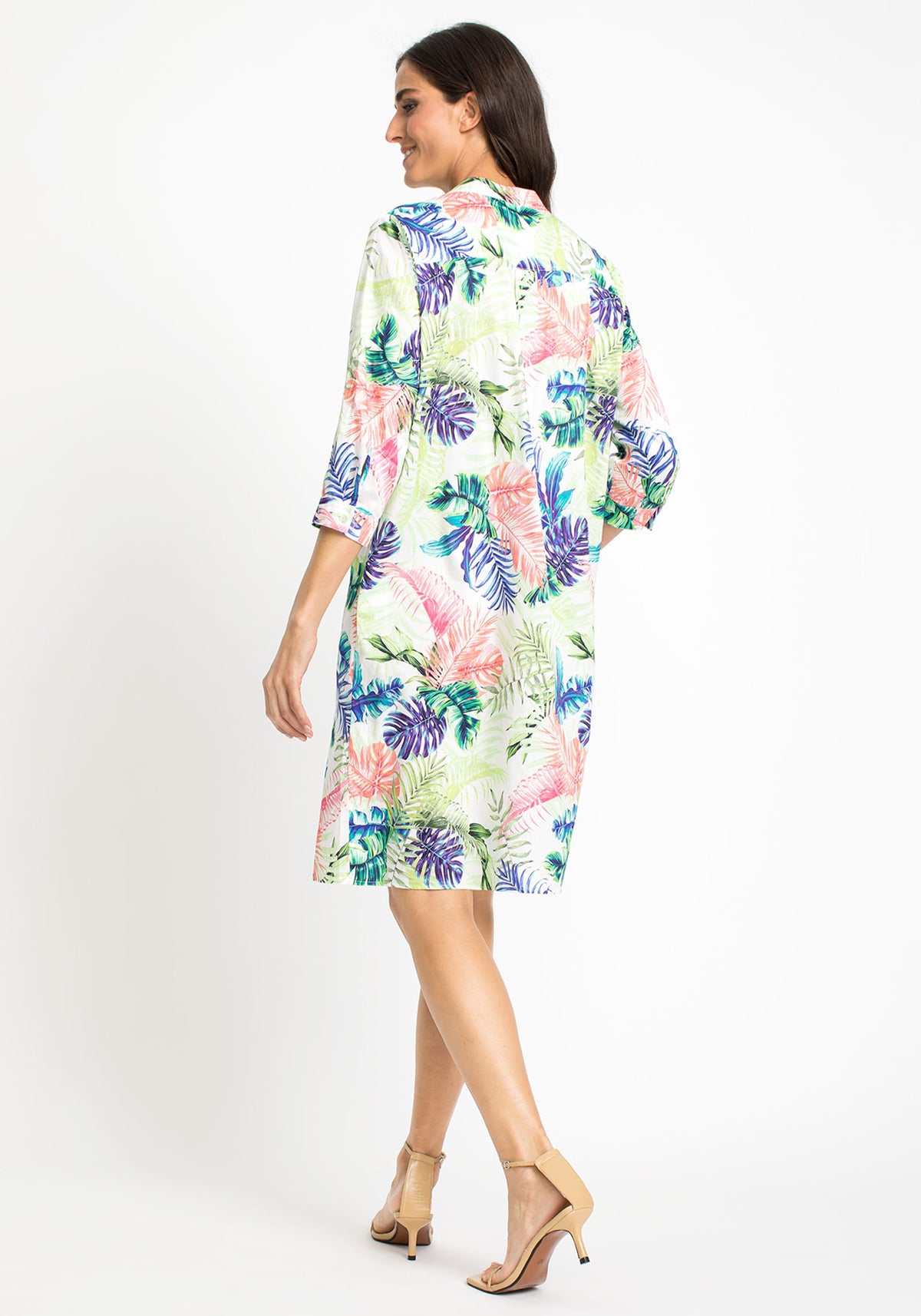 100% Cotton Vibrant Palm Print Collarless Shirt Dress