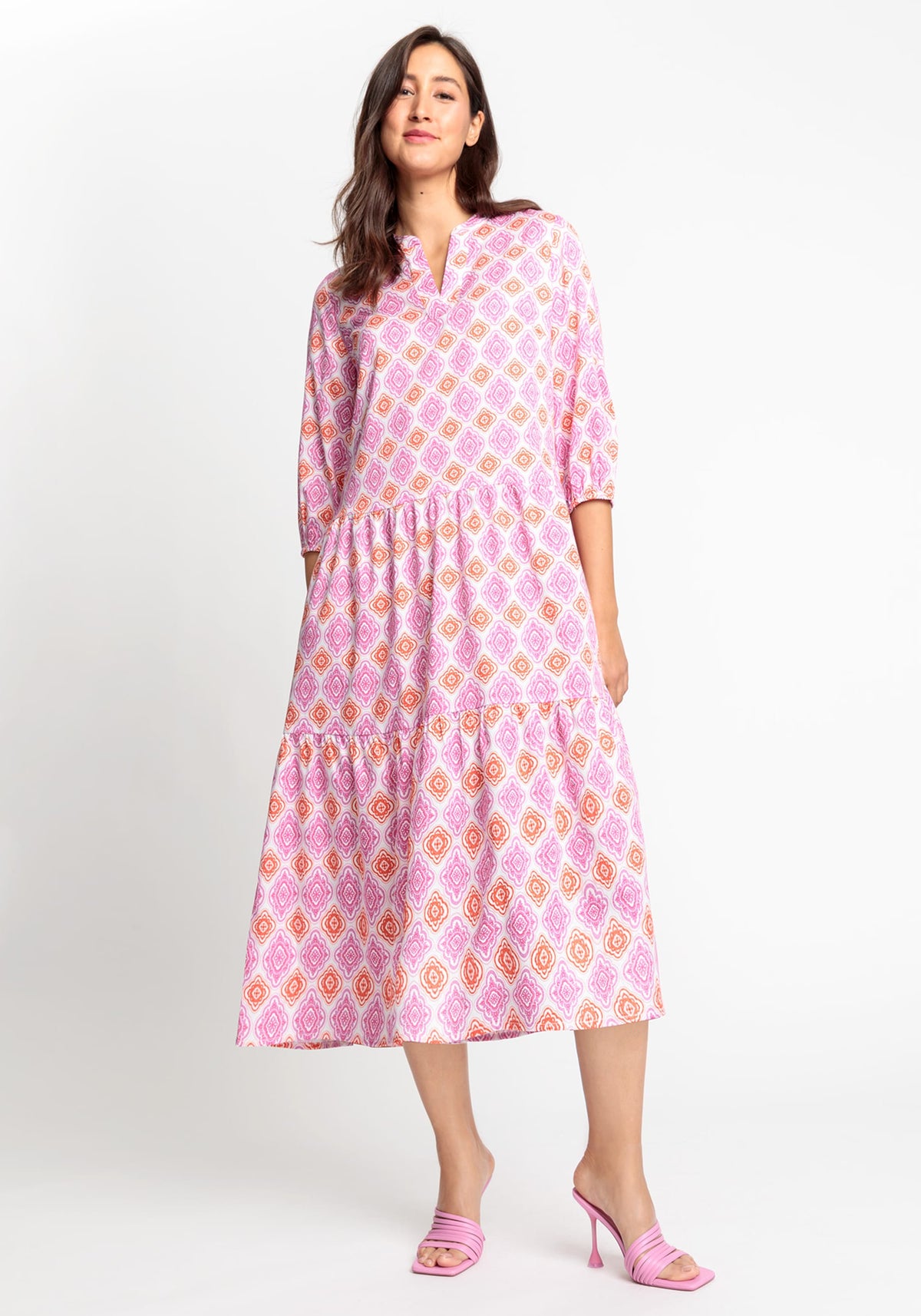 100% Cotton Ornamental Print Tiered Tunic Dress