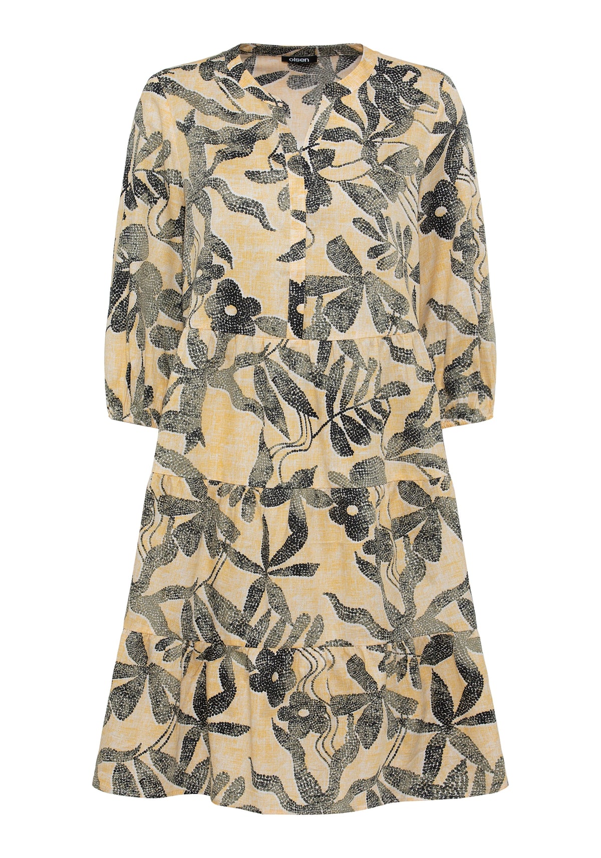 100% Cotton 3/4 Sleeve Jungle Leaf Print Tiered Tunic Dress