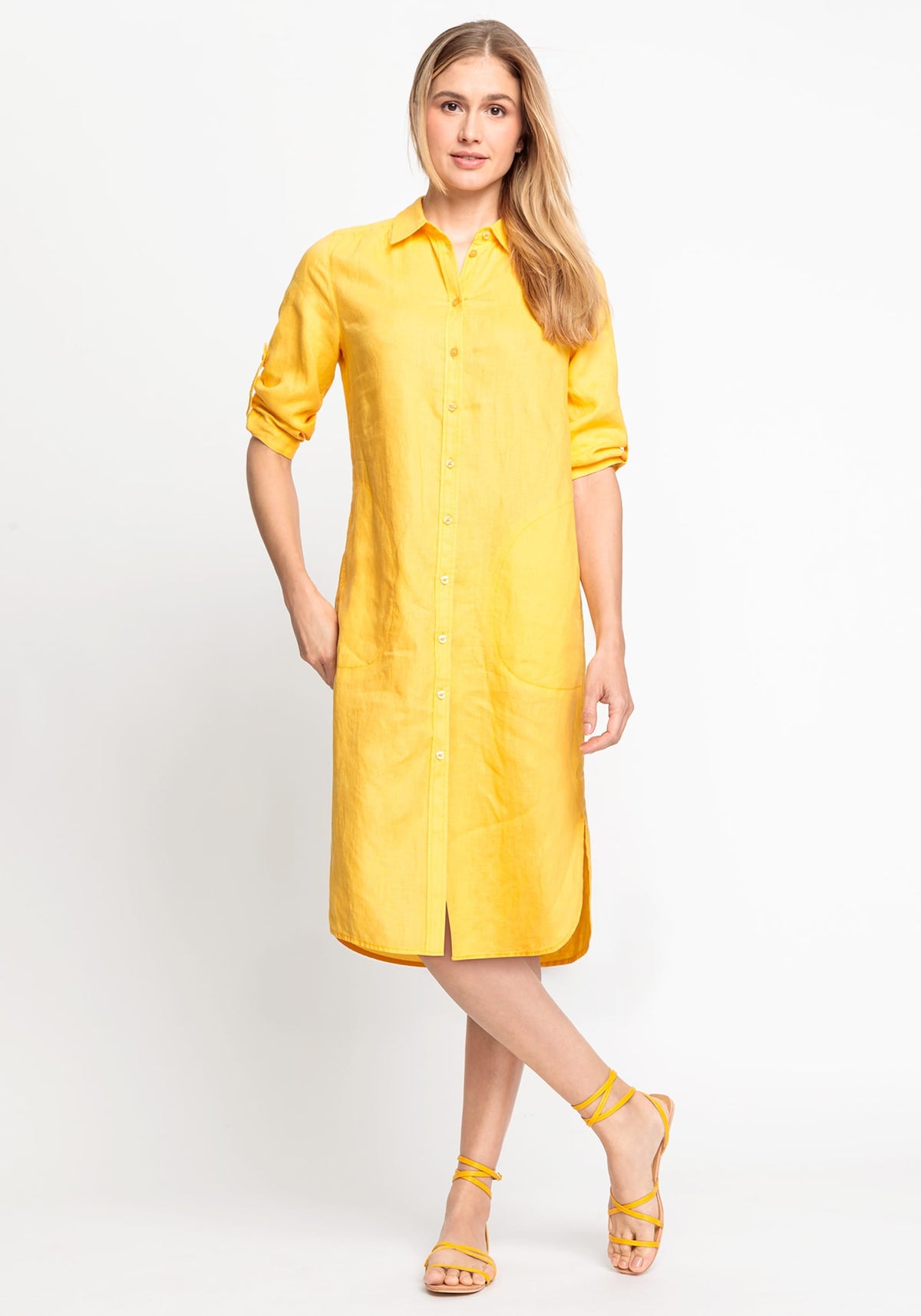 100% Linen 3/4 Sleeve Shirt Dress with Rolled Tab Sleeve Detail