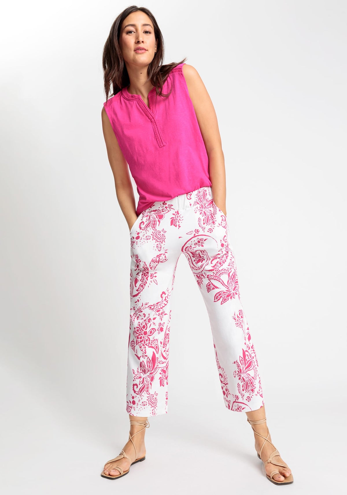 Anna Fit Wide Leg Floral Paisley Jersey Knit Cropped Pant