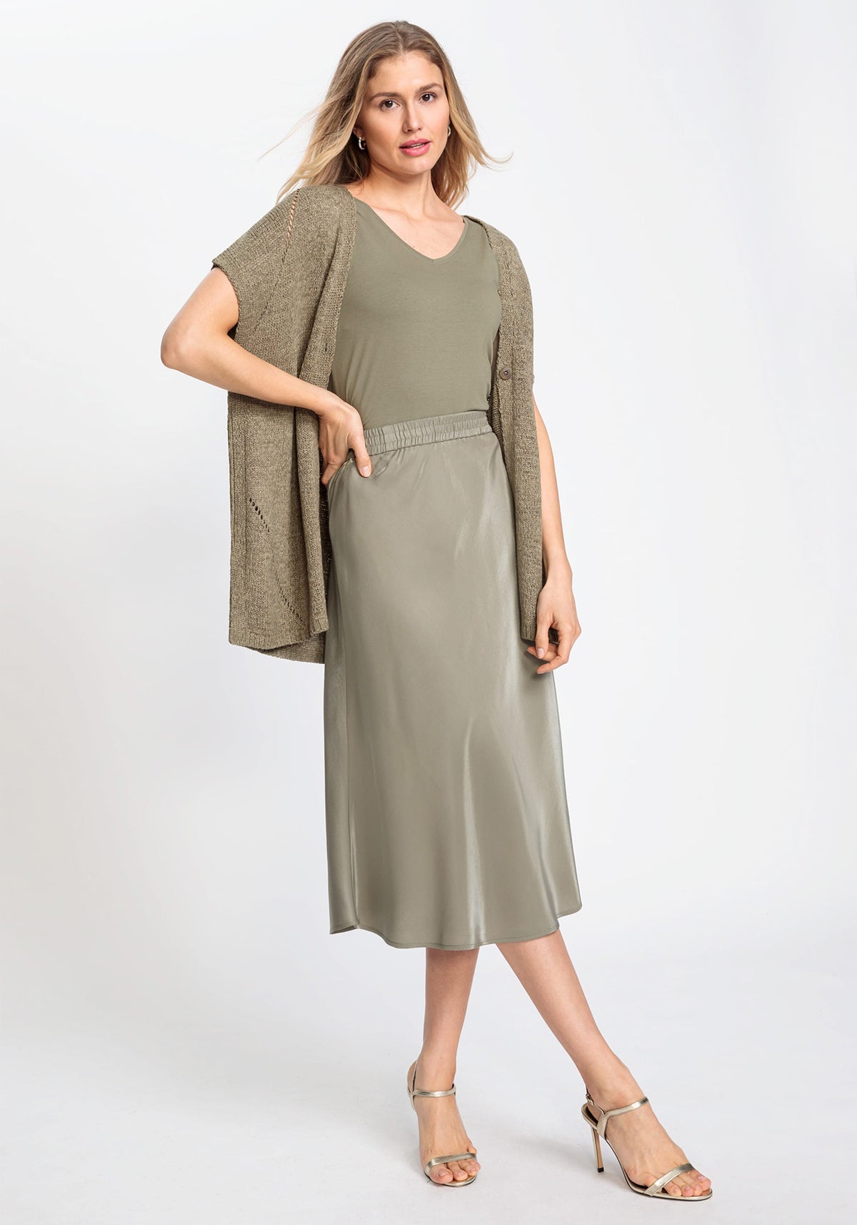 A-Line Shimmer Pull-On Midi Skirt